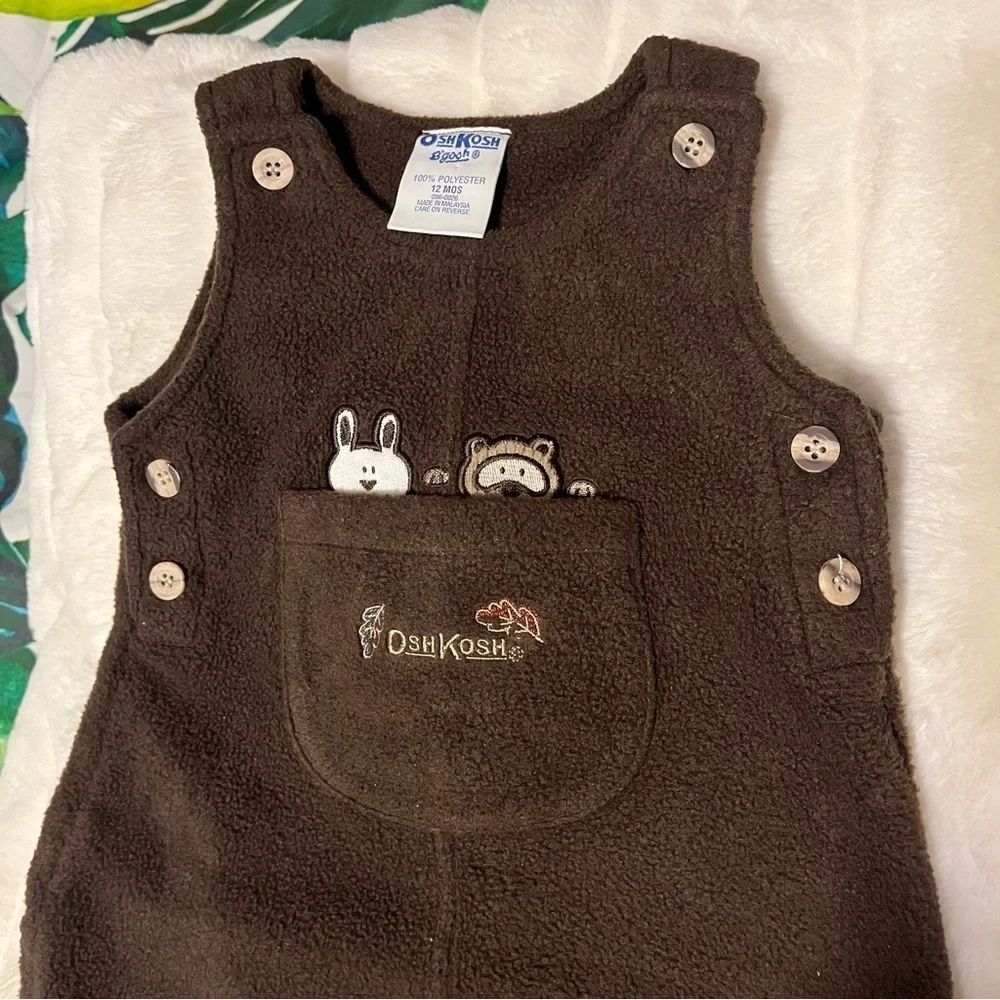 Vintage Oshkosh Baby Infant 12M Bunny Raccoon Fleece Button Fall Cozy Overalls